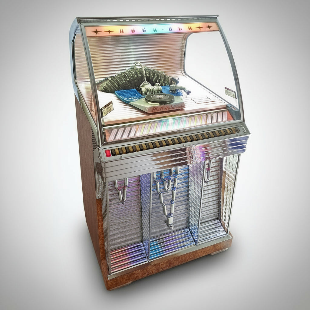 A vintage 1955 Rock-Ola 1448 vinyl jukebox with a visible mechanism, chrome detailing, and glass enclosure containing records.