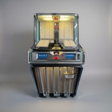 A vintage AMi J Jukebox on a grey studio background