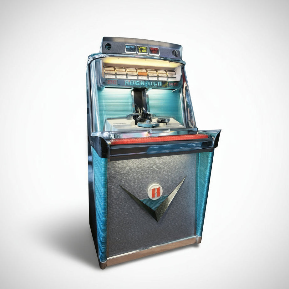 A vintage Rock-Ola Tempo 1 jukebox from 1959 with chrome detailing and a glass title strip assembly.