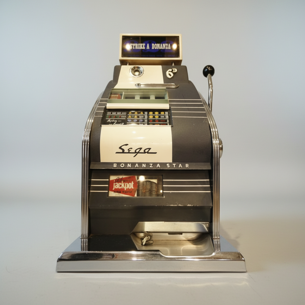 Vintage slot machine with 'Sega' branding on a white background