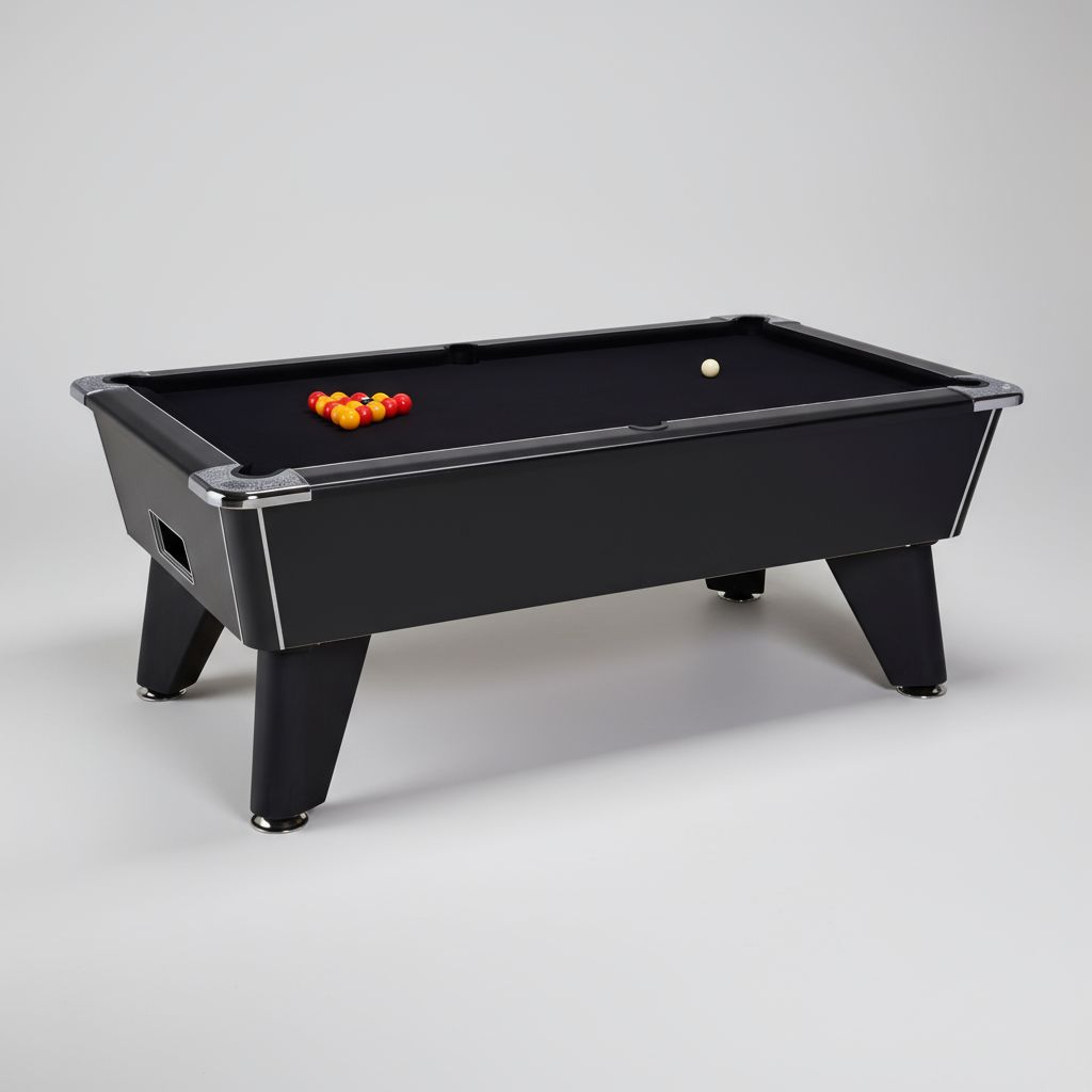 Black pool table with balls on a gray background