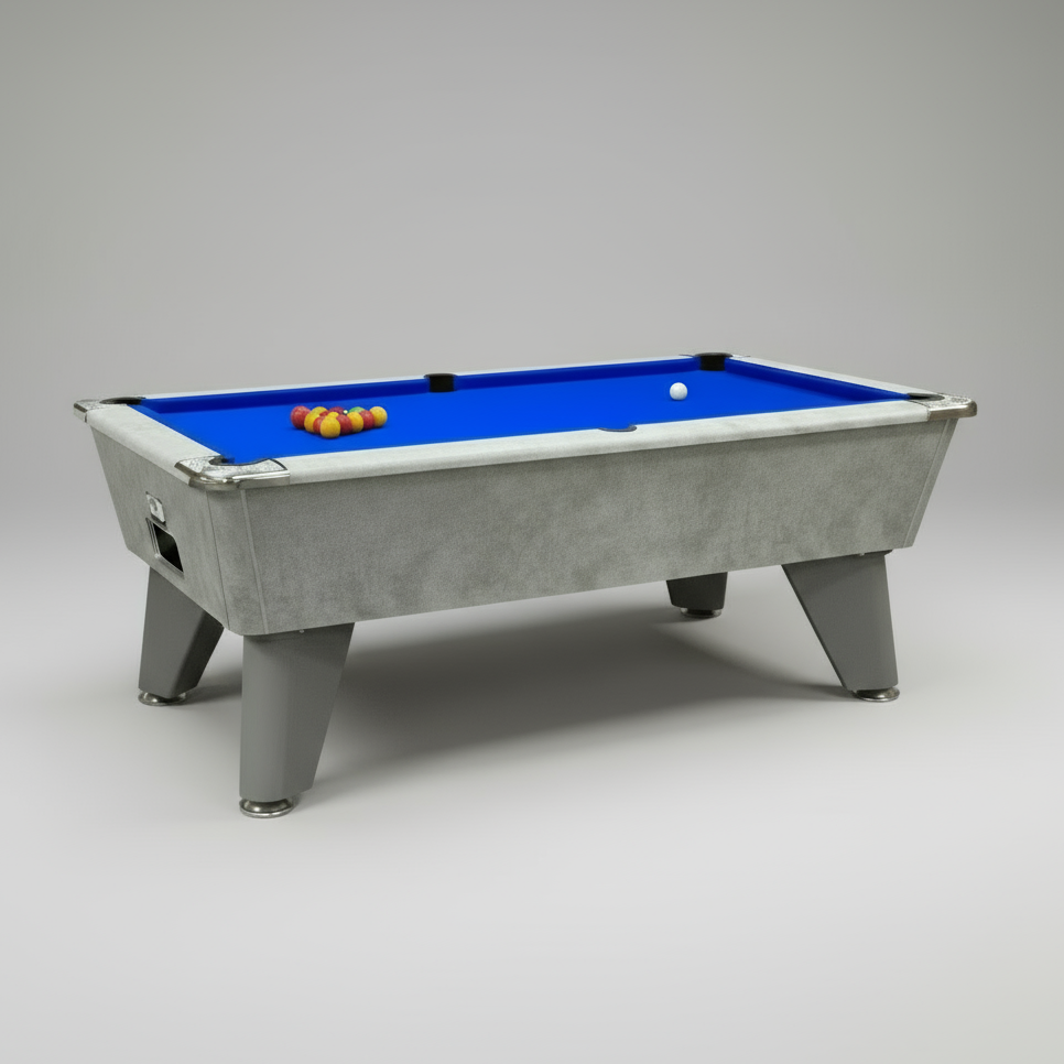 Pool table with blue felt and pool balls on a white background