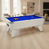 Pool table with blue felt in a living room setting