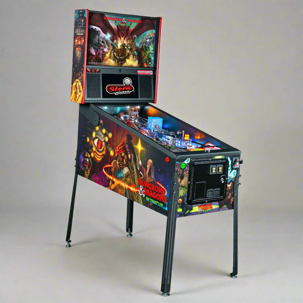 A colorful Dungeons & Dragons themed pinball machine by Stern, featuring artwork with fantasy characters and a dragon.
