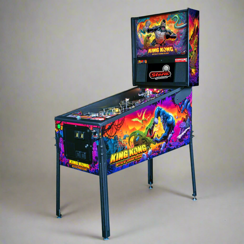 King Kong pinball machine by Stern with artwork depicting a vintage style King Kong on the backglass and side panels, featuring a large King Kong figure in the playfield.
