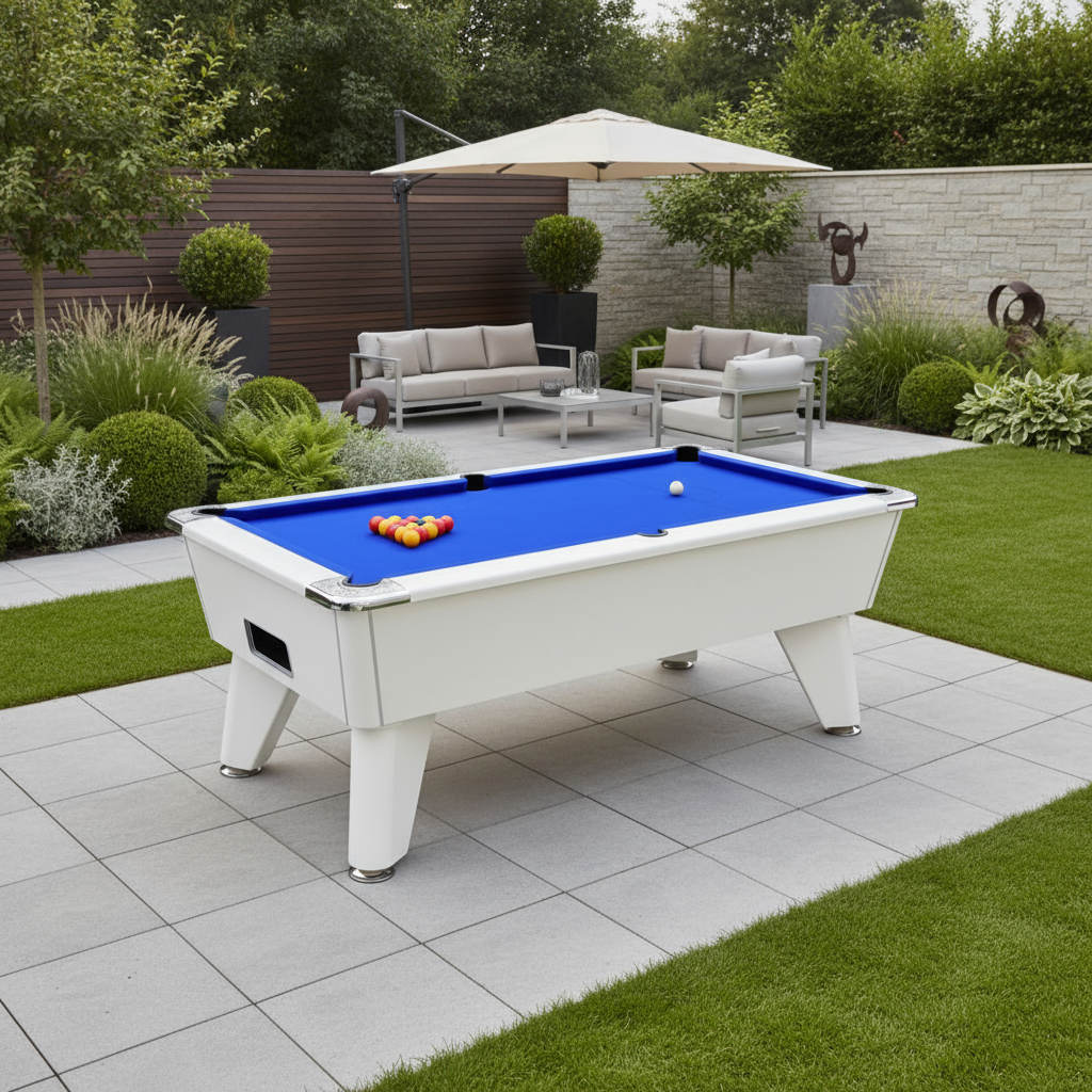 Pool table with blue felt and pool balls in a garden setting