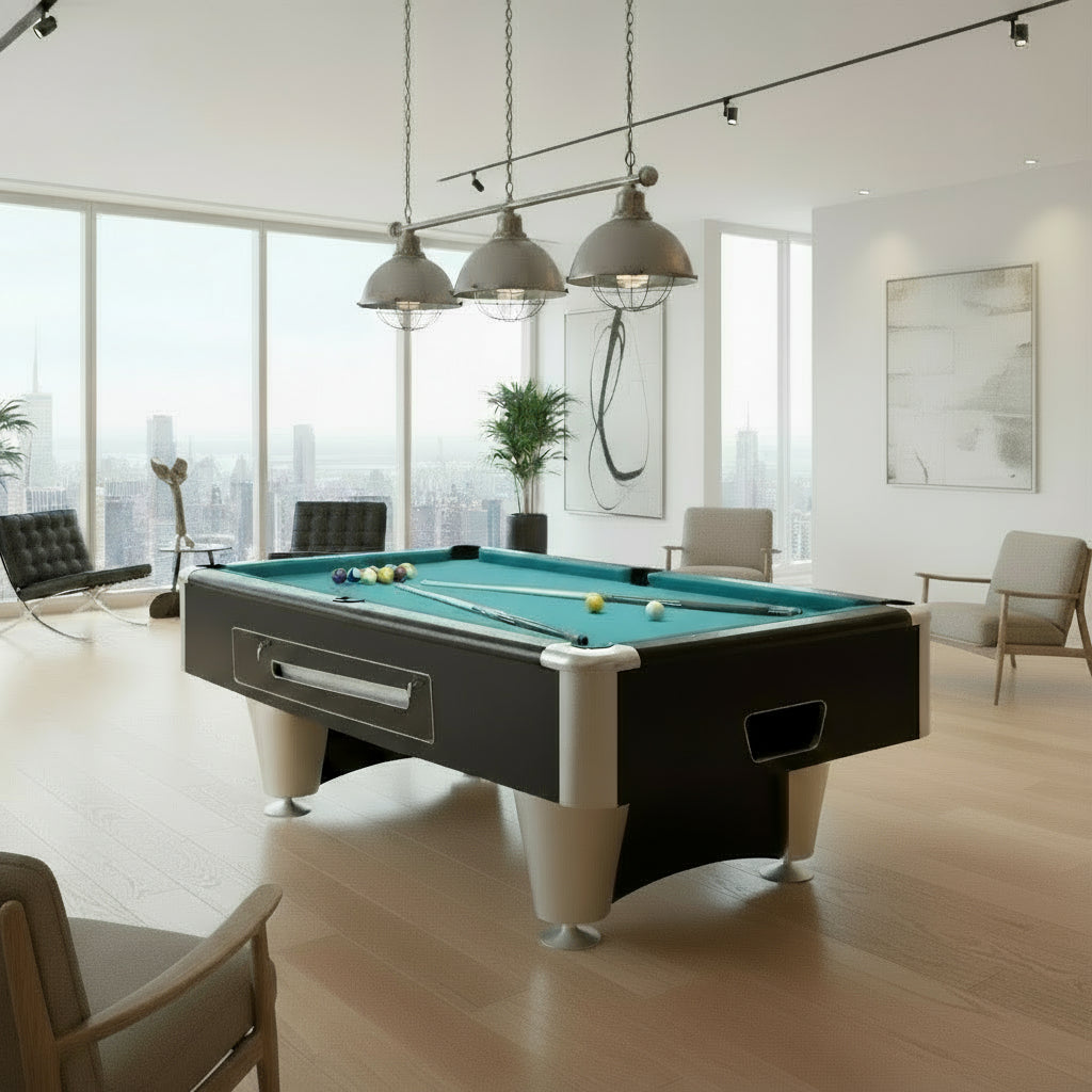 Pool table with green felt surface on a white background