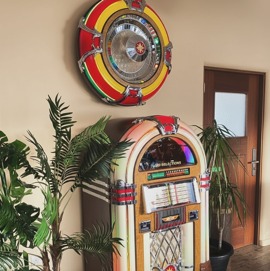 Rock-Ola Bubbler Vinyl 45 Jukebox with an RSB3200 wall speaker in a room with plants and a door.