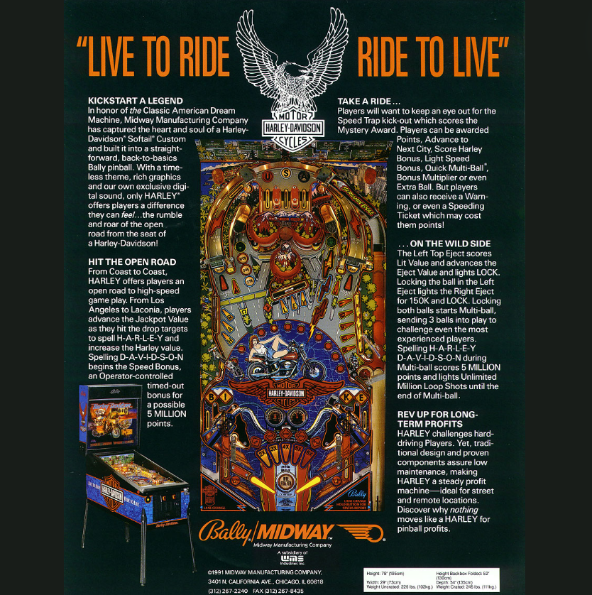 1991 Harley-Davidson Pinball Machine by Bally Midway