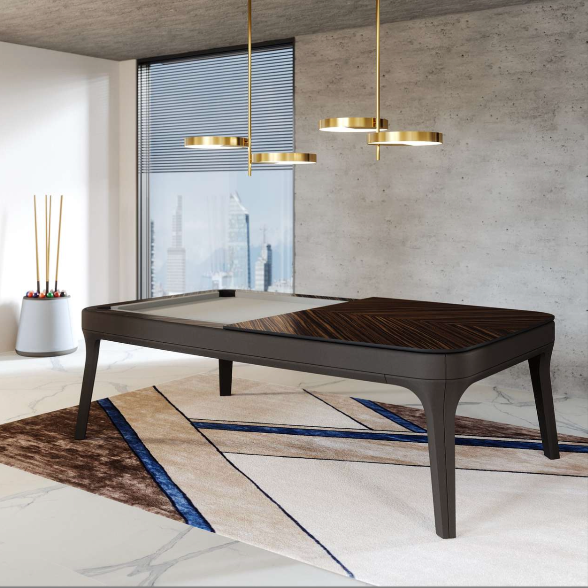Dining table with a unique design in a room with chairs and decor.
