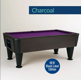 Pool table with purple felt and black frame on a white background, labeled 'Charcoal' and 'NEW Black Label Edition'.