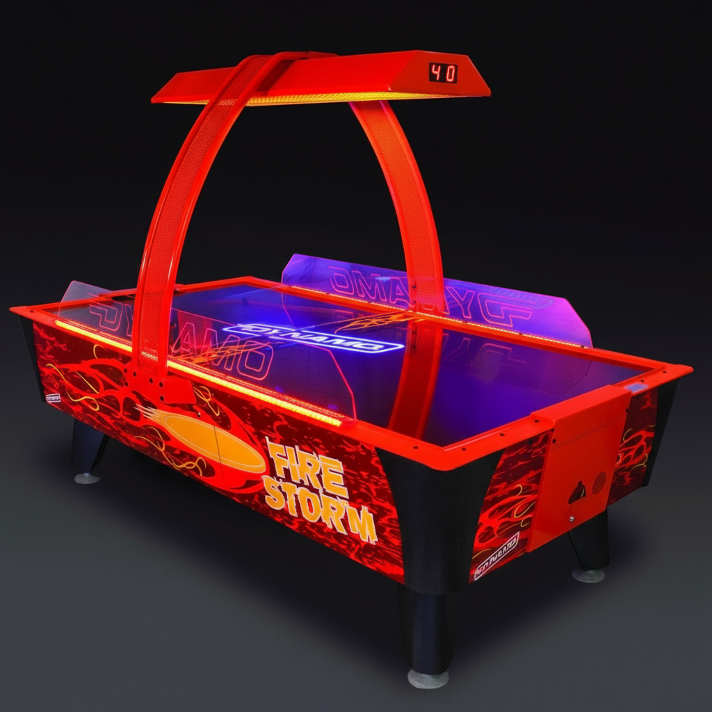Colorful air hockey table with vibrant design on a dark background