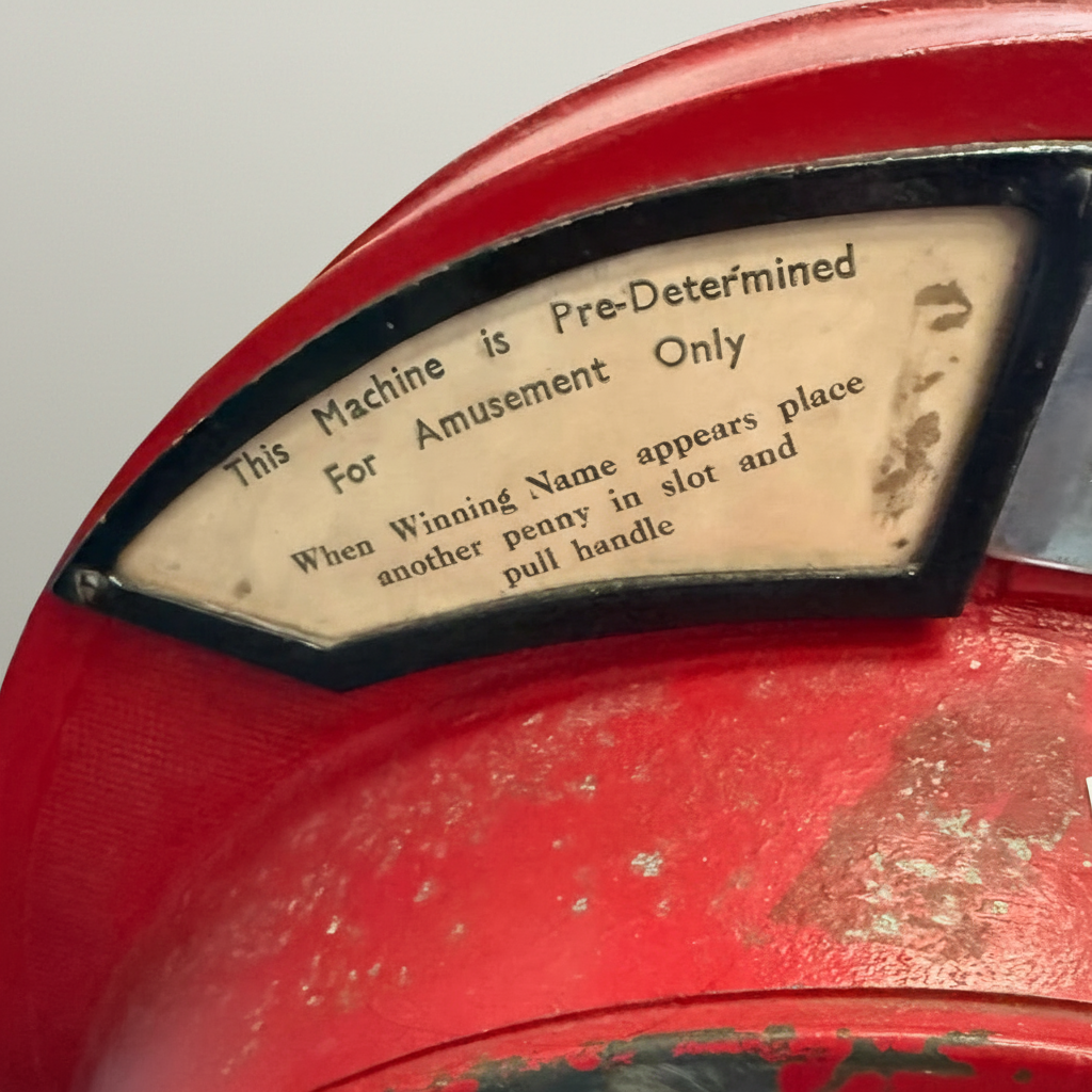 Red amusement machine with a warning label on a white background