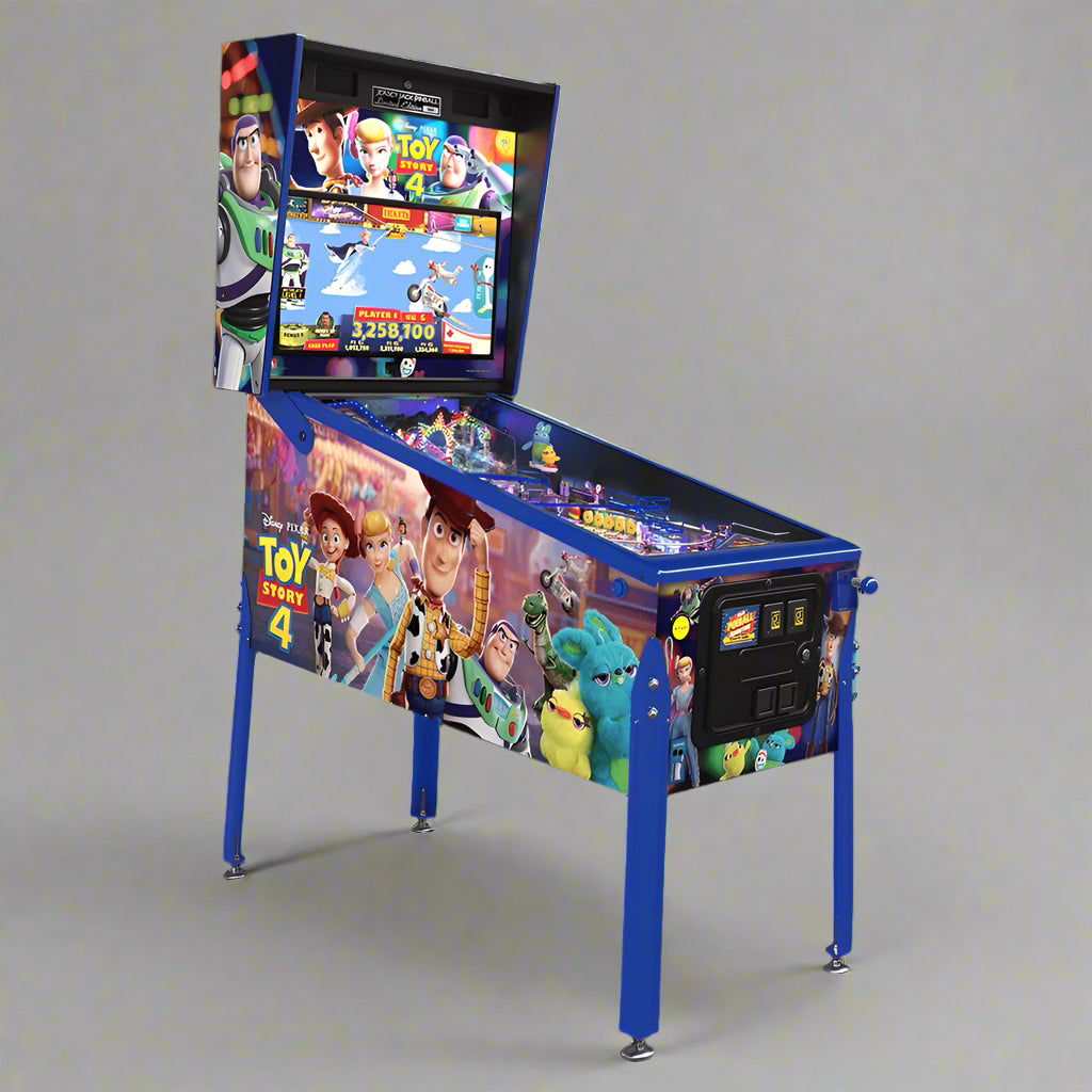 A pinball machine featuring colorful artwork based on the Toy Story 4 movie, with multiple playfield bumpers and a display screen.