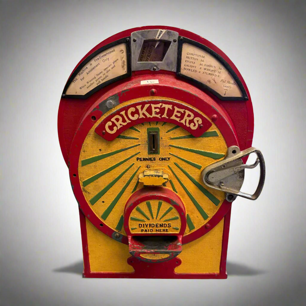 Vintage 'Cricketers' arcade machine on a white background