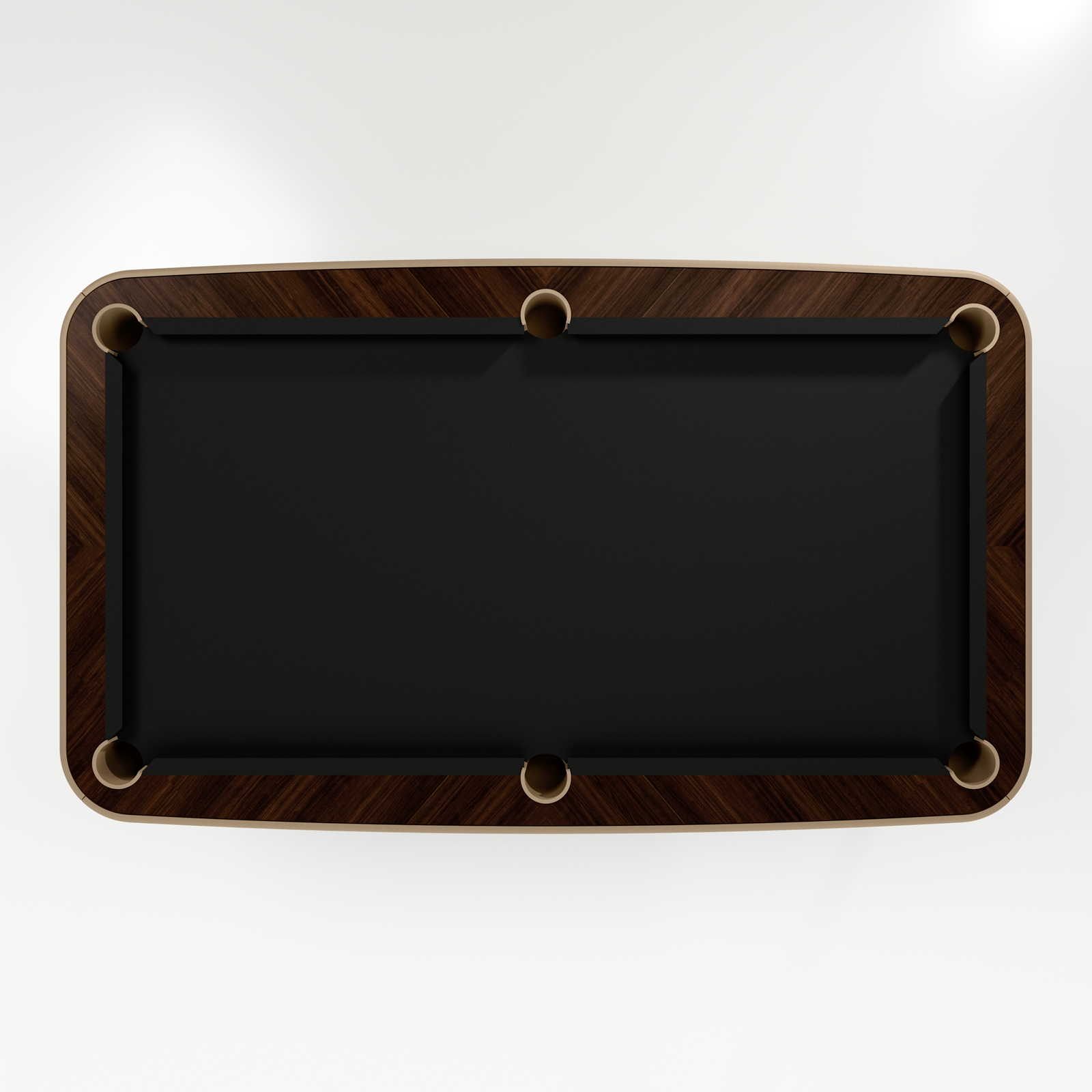 Black pool table with wooden border on a white background