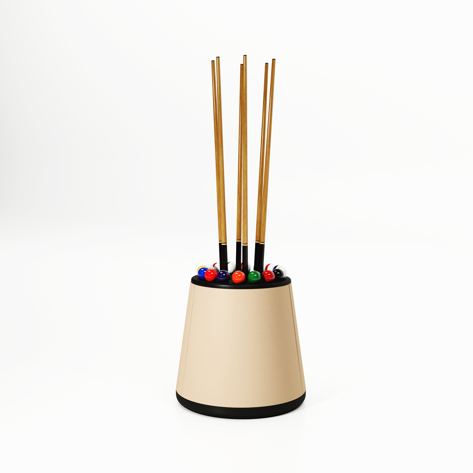 Beige cup with four pool cues and colorful balls on a white background