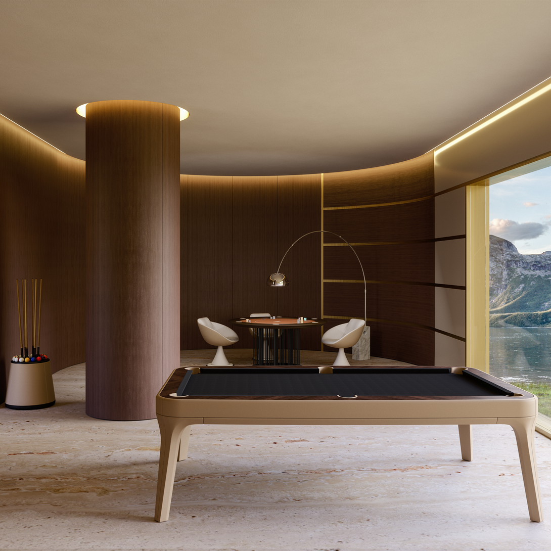 Modern interior design with a pool table, chairs, and scenic view of mountains and water.