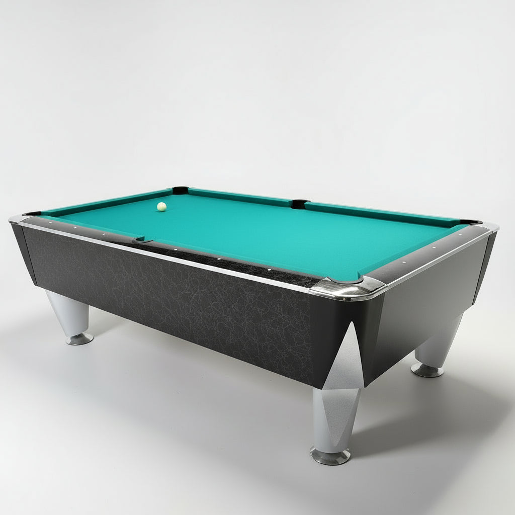 Pool table with green felt and white ball on a light gray background