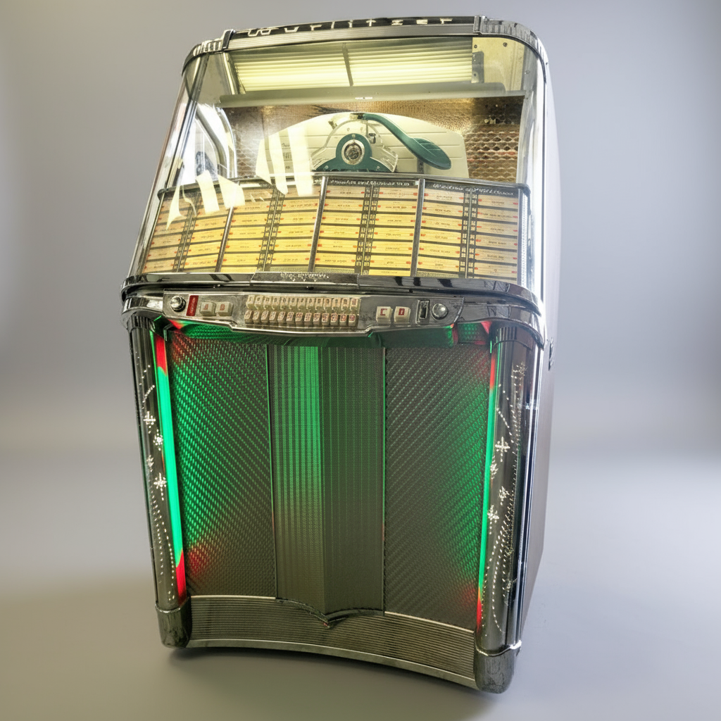 Vintage Wurlitzer 1900 jukebox with a blurred indoor background