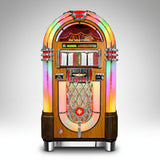 A Rock-Ola Bubbler Vinyl 45 Jukebox in walnut color with a glass front, speaker grilles, and a colorful light display at the top.