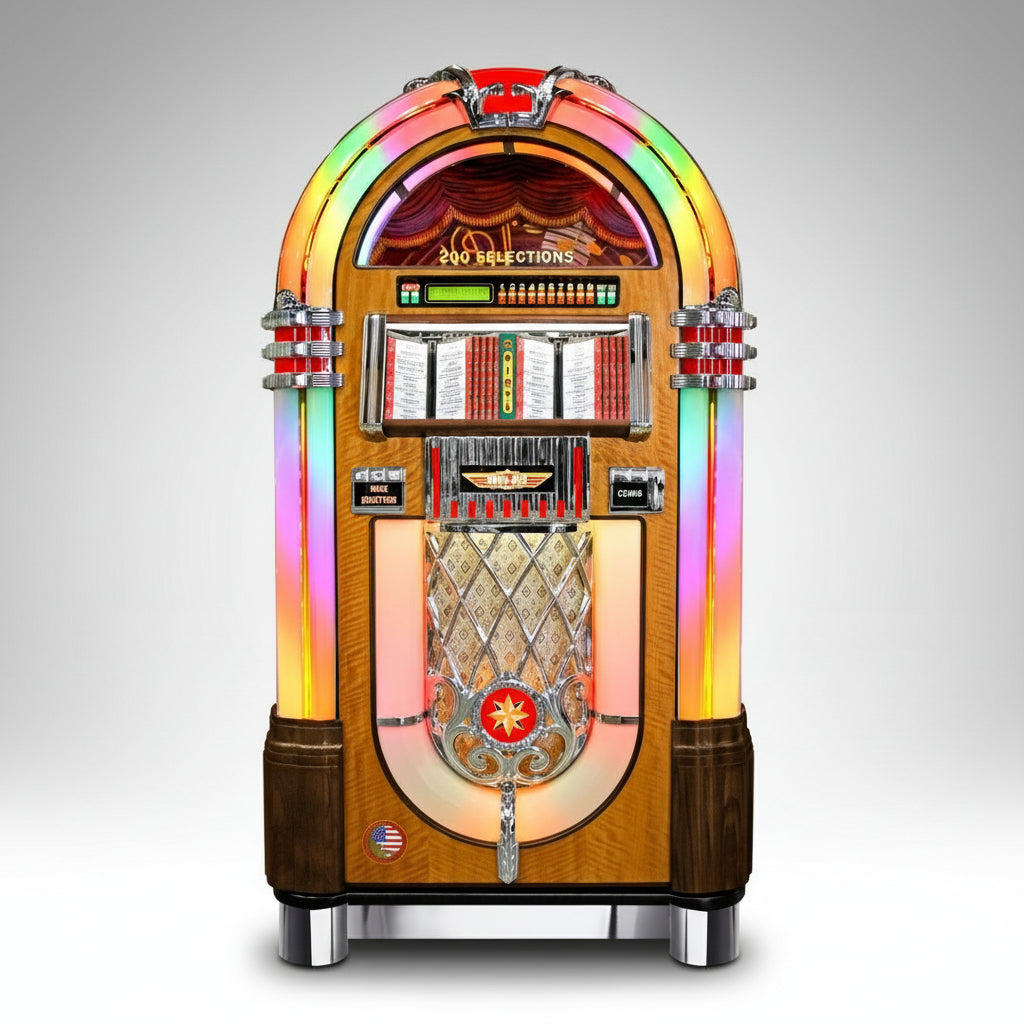 A Rock-Ola Bubbler Vinyl 45 Jukebox in walnut color with a glass front, speaker grilles, and a colorful light display at the top.