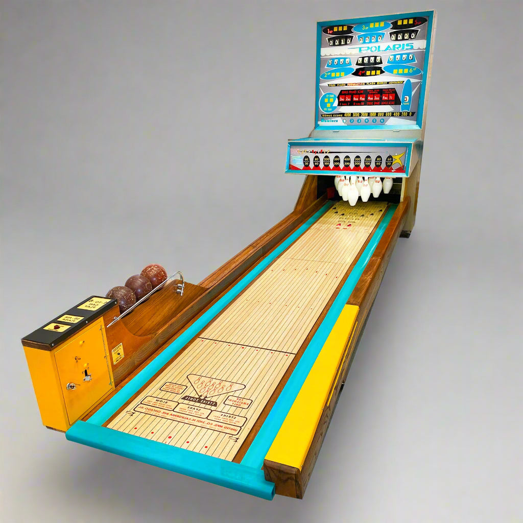 A vintage indoor bowling alley game from the 1960s, featuring colorful wood aesthetics, electronic scoring, and automated ball return.