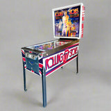 A restored Rolling Stones themed pinball machine with vibrant artwork and a clear protective cover over the playfield.