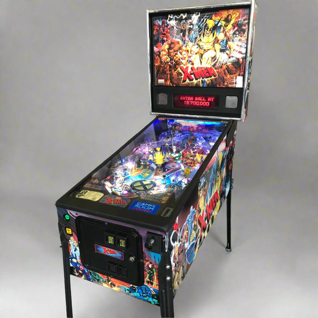 A colorful pinball machine featuring artwork from the X-Men comic series, with characters like Wolverine and Professor X depicted on the backglass and side art.