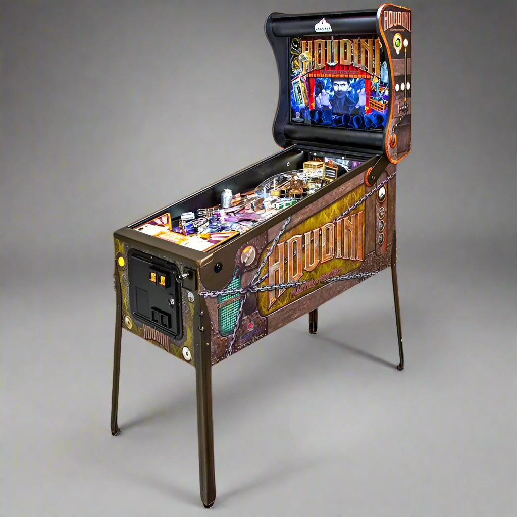 Pinball machine with 'Houdini' branding on a gray background