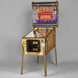 A 'Houdini Master of Mystery' pinball machine by American Pinball, featuring colorful backglass and a metallic structure, set against a red curtain background.