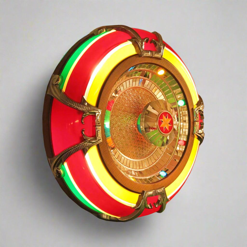 Colourful Rock-Ola RSB 3200 wall speaker with red, yellow, and green colors on a gray background