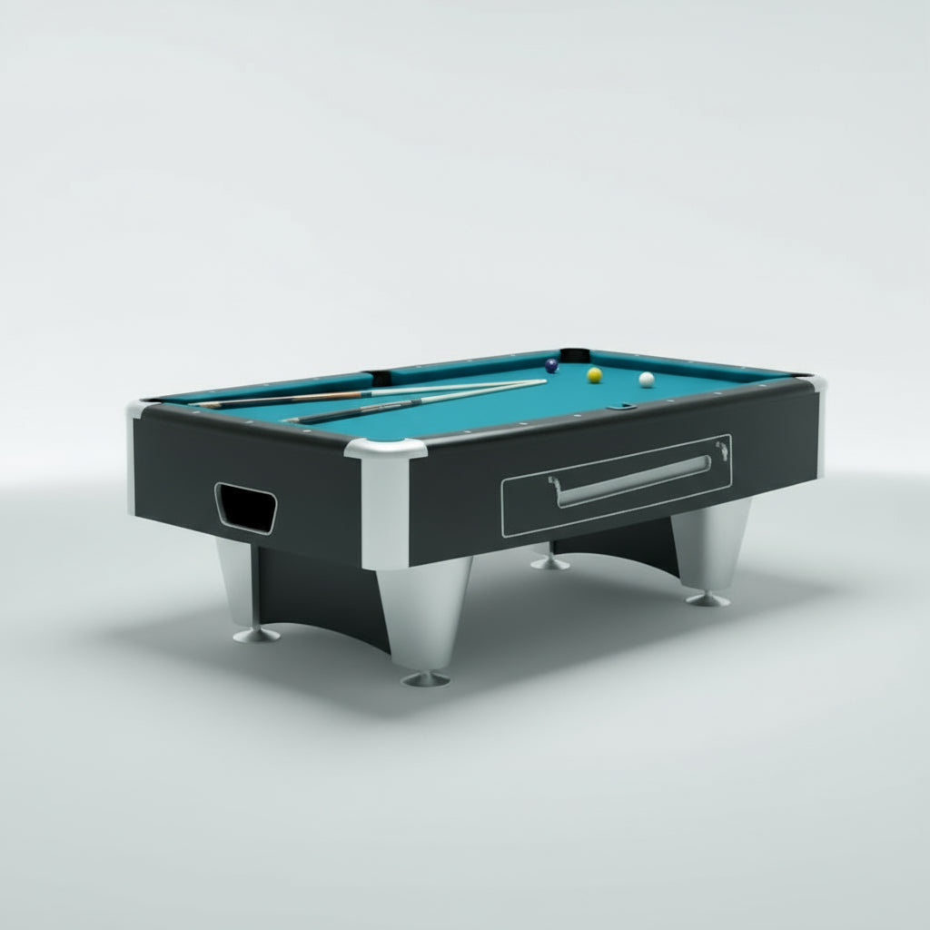 A 7ft Proline II American Pool Table in black with a solid wood frame and metallic accents on the frame and table body, placed in a room with a white wall and a ceiling fan.
