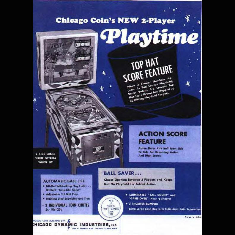 1968 Playtime Pinball Machine by Chicago Coin