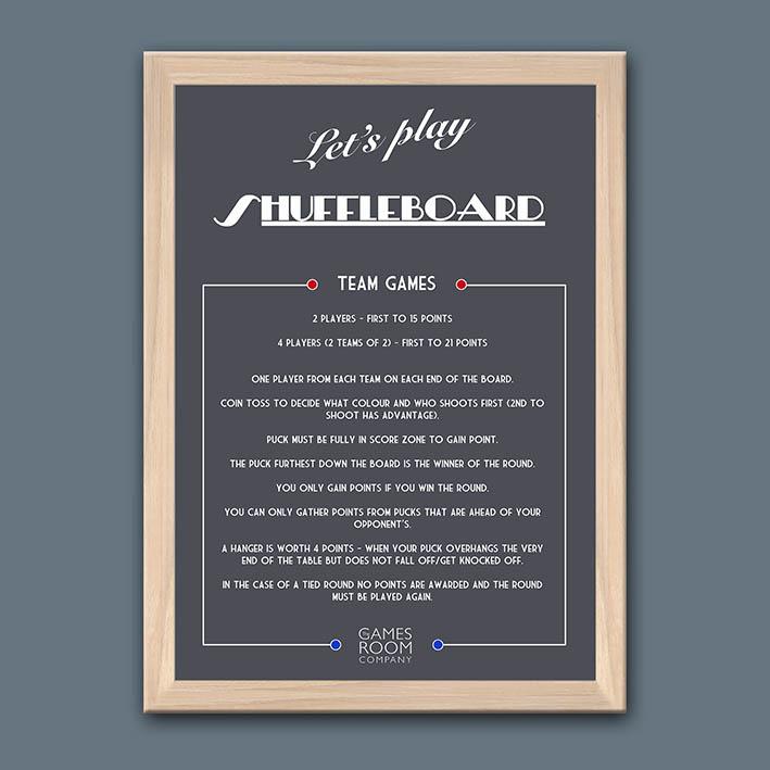 Framed shuffleboard rules with natural wood frame